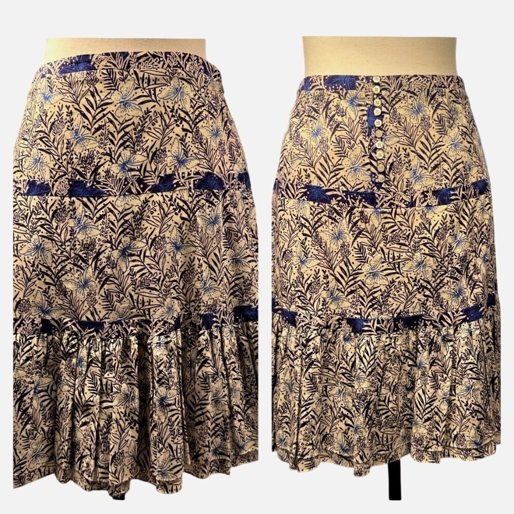 KAREN MILLEN Skirt Blue Floral Tiered Fit & Flare Sz 6 Feminine Butterfly Boho